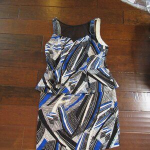 Bisou Bisou Dress Women Size 16 Blue Black Geometric Peplum Bodycon Mesh Zipper